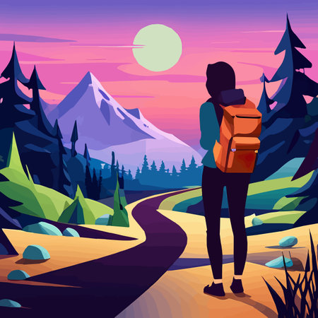 Adventure woman hiker enjoying hiking in mountains with nordic poles backpack flat vector illustration. Woman traveler travels with backpack.のイラスト素材