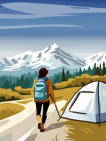 Beautiful design with a sense of travel. A young woman with a backpack inspects the surroundings. Vector verticalのイラスト素材