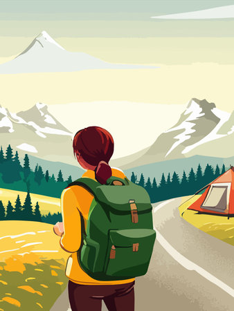 Beautiful design with a sense of travel. A young woman with a backpack inspects the surroundings. Vector verticalのイラスト素材