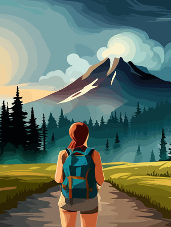 Beautiful design with a sense of travel. A young woman with a backpack inspects the surroundings. Vector verticalのイラスト素材