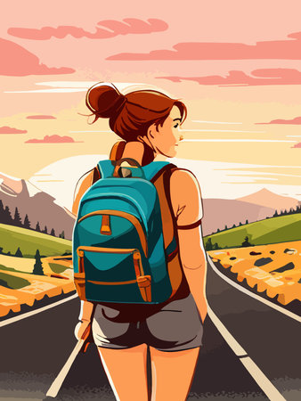 Beautiful design with a sense of travel. A young woman with a backpack inspects the surroundings. Vector verticalのイラスト素材