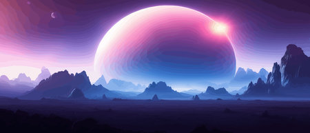 Futuristic fantasy landscape, sci fi landscape with planet neon light, cold planet. Galaxy unknown planet. Dark natural scene with light reflection water. neon space galaxy portal vector illustration.のイラスト素材