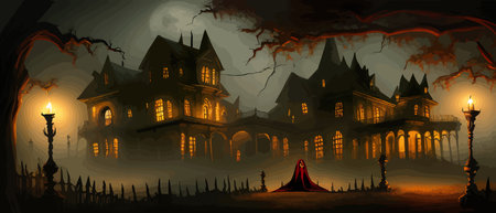 Scary little haunted house in horror forest, spooky haunted house in old, vintage style for Halloween and other spooky occasions. Vector illustration.のイラスト素材