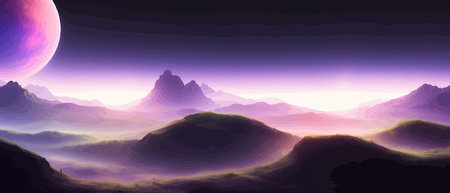 Futuristic fantasy landscape, sci fi landscape with planet neon light, cold planet. Galaxy unknown planet. Dark natural scene with light reflection water. neon space galaxy portal vector illustration.のイラスト素材