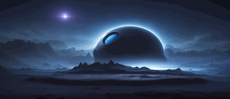 Space digital artwork. Surreal fantasy space. Nebula with planets stars. Science fiction elements. Glowing technologies. Dark colorful universe. Asteroids concept with moons stones vector illustrationのイラスト素材