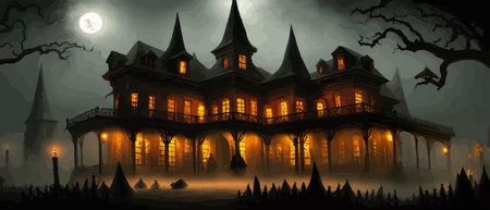 Scary little haunted house in horror forest, spooky haunted house in old, vintage style for Halloween and other spooky occasions. Vector illustration.のイラスト素材