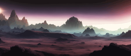 Futuristic fantasy landscape, sci fi landscape with planet neon light, cold planet. Galaxy unknown planet. Dark natural scene with light reflection water. neon space galaxy portal vector illustration.のイラスト素材