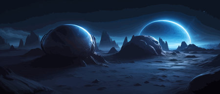 Space digital artwork. Surreal fantasy space. Nebula with planets stars. Science fiction elements. Glowing technologies. Dark colorful universe. Asteroids concept with moons stones vector illustrationのイラスト素材