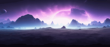 Futuristic fantasy landscape, sci fi landscape with planet neon light, cold planet. Galaxy unknown planet. Dark natural scene with light reflection water. neon space galaxy portal vector illustration.のイラスト素材