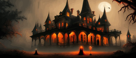 Scary little haunted house in horror forest, spooky haunted house in old, vintage style for Halloween and other spooky occasions. Vector illustration.のイラスト素材