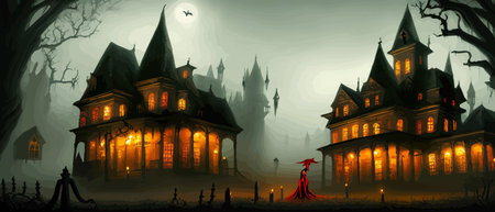 Scary little haunted house in horror forest, spooky haunted house in old, vintage style for Halloween and other spooky occasions. Vector illustration.のイラスト素材