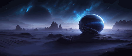 Space digital artwork. Surreal fantasy space. Nebula with planets stars. Science fiction elements. Glowing technologies. Dark colorful universe. Asteroids concept with moons stones vector illustrationのイラスト素材
