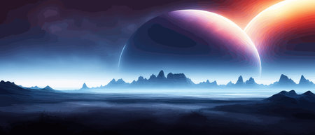 Futuristic fantasy landscape, sci fi landscape with planet neon light, cold planet. Galaxy unknown...