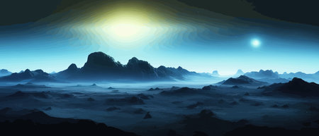Space digital artwork. Surreal fantasy space. Nebula with planets stars. Science fiction elements. Glowing technologies. Dark colorful universe. Asteroids concept with moons stones vector illustrationのイラスト素材