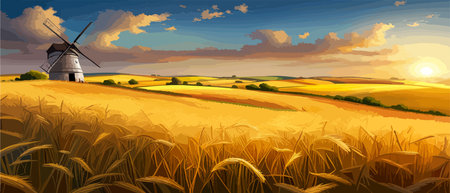 Country summer landscape with windmills, wheat field with grain, flat vector illustration. Rural area. Haybales. Farm Flat. Organic food concept for any design banner.のイラスト素材