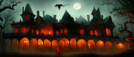Scary little haunted house in horror forest, spooky haunted house in old, vintage style for Halloween and other spooky occasions. Vector illustration.のイラスト素材