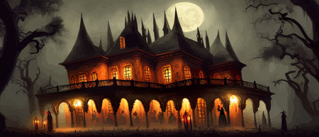 Scary little haunted house in horror forest, spooky haunted house in old, vintage style for Halloween and other spooky occasions. Vector illustration.のイラスト素材