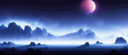 Futuristic fantasy landscape, sci fi landscape with planet neon light, cold planet. Galaxy unknown planet. Dark natural scene with light reflection water. neon space galaxy portal vector illustration.のイラスト素材
