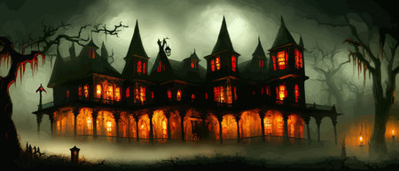 Scary little haunted house in horror forest, spooky haunted house in old, vintage style for Halloween and other spooky occasions. Vector illustration.のイラスト素材