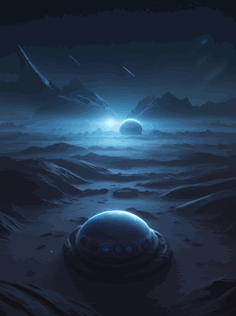 Futuristic fantasy landscape, sci fi landscape with planet, neon light, cold planet. Galaxy unknown planet Dark naturalのイラスト素材