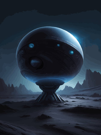 Futuristic fantasy landscape, sci fi landscape with planet, neon light, cold planet. Galaxy unknown planet Dark naturalのイラスト素材