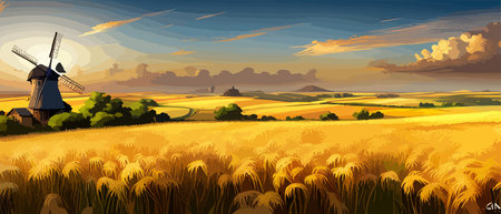 Country summer landscape with windmills, wheat field with grain, flat vector illustration. Rural area. Haybales. Farm Flat. Organic food concept for any design banner.のイラスト素材