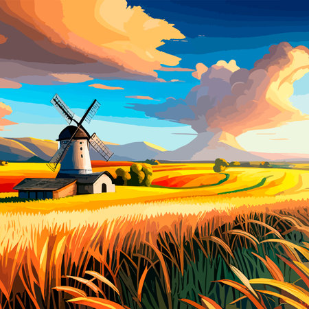 Rural summer landscape with windmill and wheat field. Vector illustration. Nature rural landscape with old dutchのイラスト素材