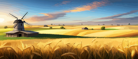 Country summer landscape with windmills, wheat field with grain, flat vector illustration. Rural area. Haybales. Farm Flat. Organic food concept for any design banner.のイラスト素材
