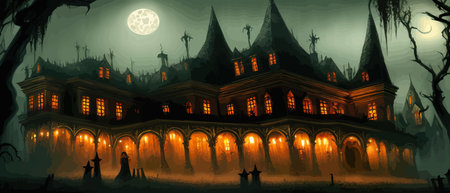 Scary little haunted house in horror forest, spooky haunted house in old, vintage style for Halloween and other spooky occasions. Vector illustration.のイラスト素材