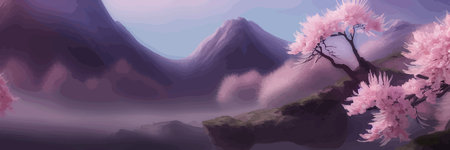 Japanese landscape with sakura trees against the backdrop of mountains and a volcano. beautiful fantasy landscape. vector banner illustration.のイラスト素材
