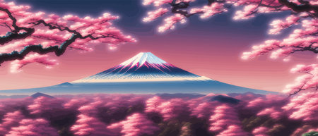 Cherry trees and lake under Mount Fuji, clear cloudy sky at dusk, super realistic and highly detailed Japanese pagoda, vector illustration.のイラスト素材