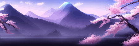 Japanese landscape with sakura trees against the backdrop of mountains and a volcano. beautiful fantasy landscape. vector banner illustration.のイラスト素材