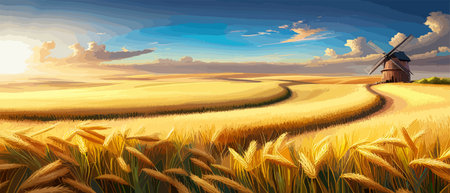 Country summer landscape with windmills, wheat field with grain, flat vector illustration. Rural area. Haybales. Farm Flat. Organic food concept for any design banner.のイラスト素材
