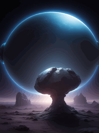 Futuristic fantasy landscape, sci fi landscape with planet, neon light, cold planet. Galaxy unknown planet Dark naturalのイラスト素材