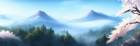 Japanese landscape with sakura trees against the backdrop of mountains and a volcano. beautiful fantasy landscape. vector banner illustration.のイラスト素材