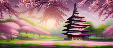 Cherry trees and lake under Mount Fuji, clear cloudy sky at dusk, super realistic and highly detailed Japanese pagoda, vector illustration.のイラスト素材