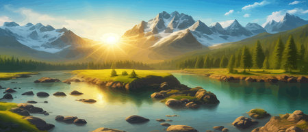 Picture of a mountain lake with a mountain range in the background and a lake in the foreground with a mountain range in the background. vector illustrationのイラスト素材