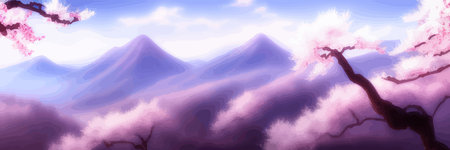 Japanese landscape with sakura trees against the backdrop of mountains and a volcano. beautiful fantasy landscape. vector banner illustration.のイラスト素材