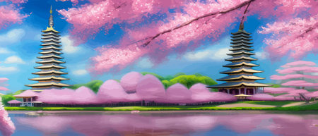 Cherry trees and lake under Mount Fuji, clear cloudy sky at dusk, super realistic and highly detailed Japanese pagoda, vector illustration.のイラスト素材