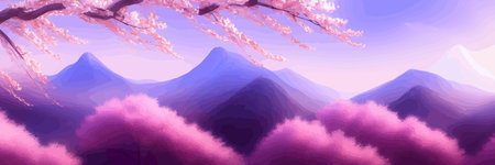 Japanese landscape with sakura trees against the backdrop of mountains and a volcano. beautiful fantasy landscape. vector banner illustration.のイラスト素材