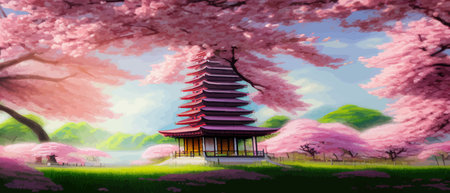 Cherry trees and lake under Mount Fuji, clear cloudy sky at dusk, super realistic and highly detailed Japanese pagoda, vector illustration.のイラスト素材