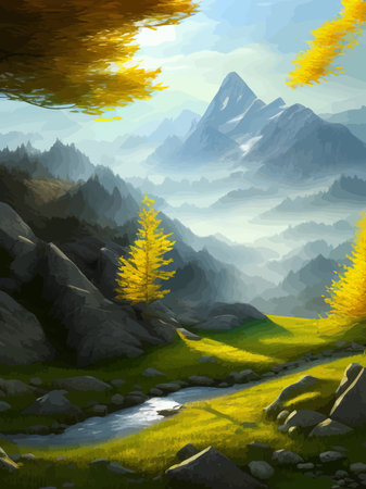 Colorful autumn landscape. Autumn season with red majestic mountains.のイラスト素材