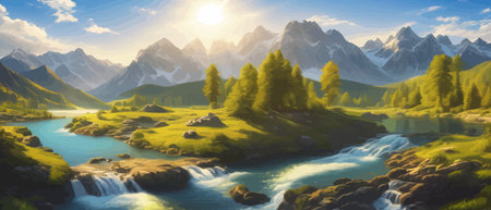 Picture of a mountain lake with a mountain range in the background and a lake in the foreground with a mountain range in the background. vector illustrationのイラスト素材