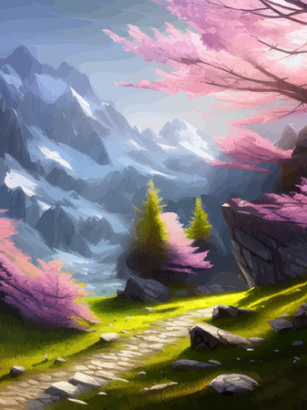 Colorful autumn landscape. Autumn season with red majestic mountains.のイラスト素材