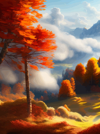 Vector illustration of countryside in autumn, autumn landscape mountains and maple trees fallen with yellow foliage. Forest in shades of orange and teal in the fall.のイラスト素材