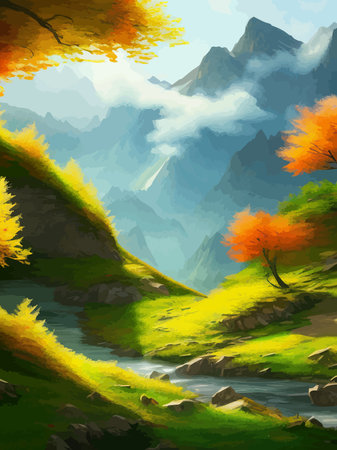 Colorful autumn landscape. Autumn season with red majestic mountains.のイラスト素材