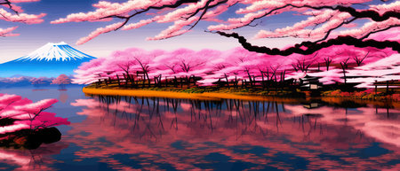 Cherry trees and lake under Mount Fuji, clear cloudy sky at dusk, super realistic and highly detailed Japanese pagoda, vector illustration.のイラスト素材