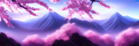 Japanese landscape with sakura trees against the backdrop of mountains and a volcano. beautiful fantasy landscape. vector banner illustration.のイラスト素材