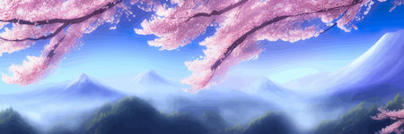 Japanese landscape with sakura trees against the backdrop of mountains and a volcano. beautiful fantasy landscape. vector banner illustration.のイラスト素材