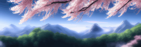 Japanese landscape with sakura trees against the backdrop of mountains and a volcano. beautiful fantasy landscape. vector banner illustration.のイラスト素材